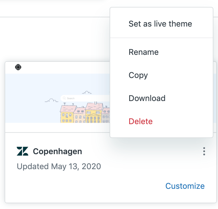 Le menu des options de thème affichant l'option « Définir comme thème en direct », ainsi que les choix de renommage, de copie, de téléchargement et de suppression de thèmes.