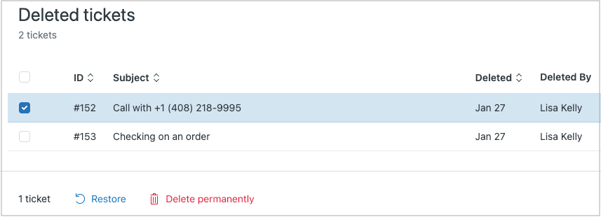 Interface de gestion des tickets avec la liste des tickets supprimés et les options de restauration