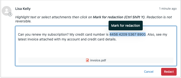 Zendesk's redaction interface showing a credit card number highlighted for redaction within a customer message.
