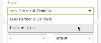 共有ドロップダウンメニューを表示するZendeskチケットプロパティパネル