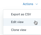 Interface d'édition de vue Zendesk avec le menu Actions et l'option Modifier la vue