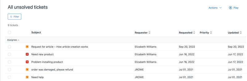 Zendesk view showing column headers with sort icons and filter options