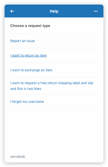 Zendesk's user-facing help widget displaying various request types, which can be configured as part of a pre-chat or pre-ticket form.