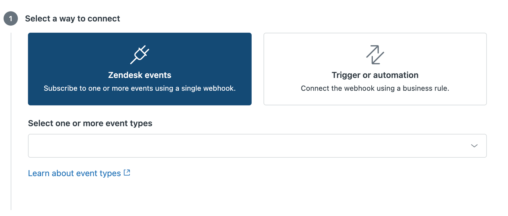 Zendesk webhook connection interface for selecting event types