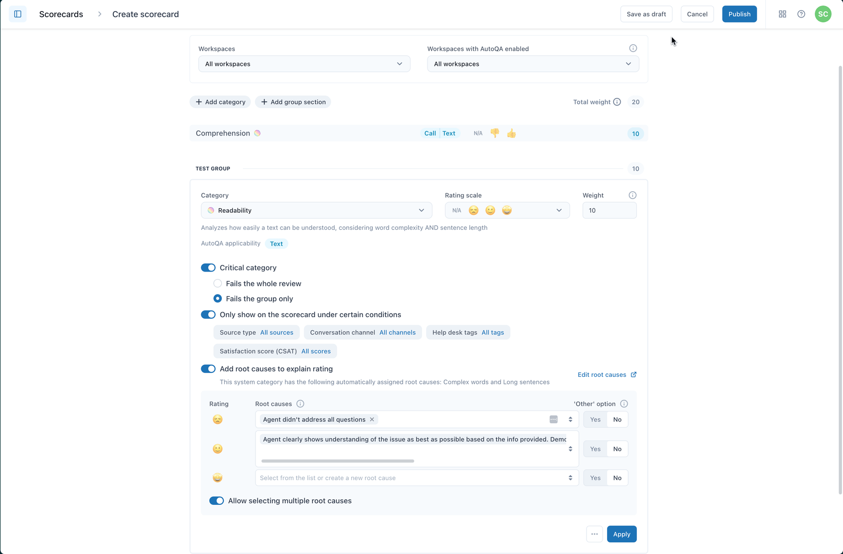 Panel de creación de tarjetas de puntuación de Zendesk con configuración de categoría y escala de calificación