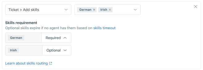 Zendesk skills configuration panel for adding and managing skill requirements