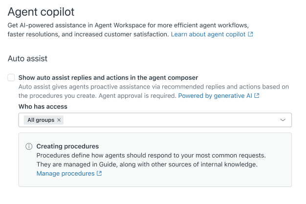 Auto Assist（オートアシスト）のZendesk（ゼンデスク）管理センターの設定。有効にするトグルとユーザーグループのアクセス制御があります。