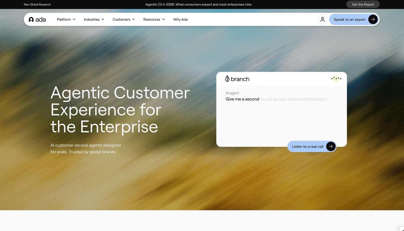 Ada AI platform homepage showing the no-code AI agent builder for SaaS customer support.