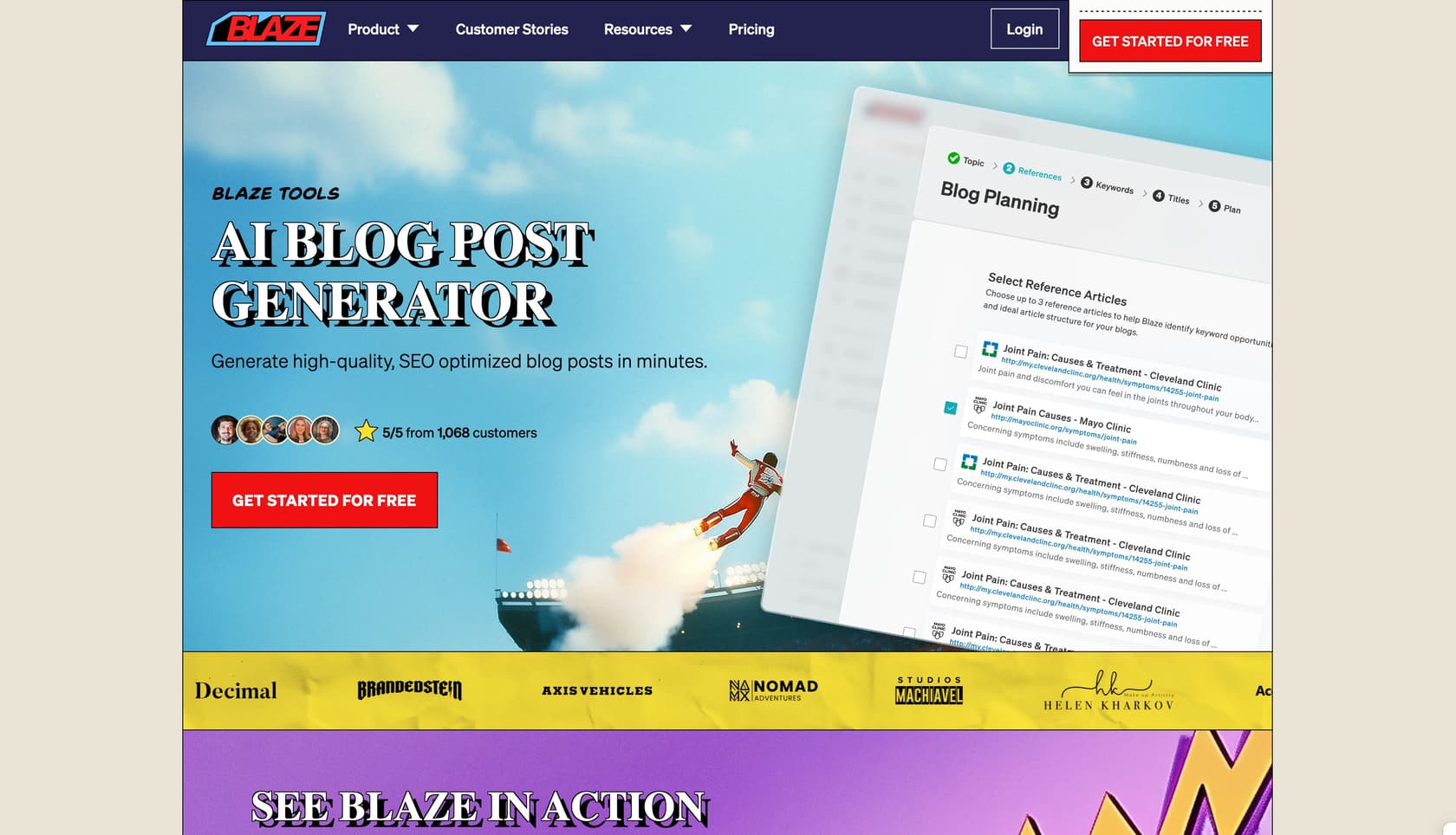 Blaze AIs Landingpage hebt die SEO-fokussierte Content-Generierung und Wettbewerbsmodellierung hervor.