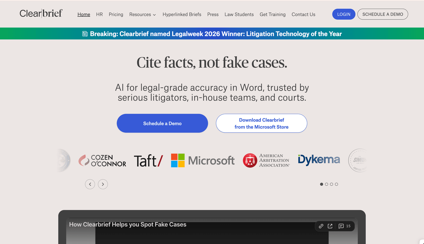 Clearbrief's landing page showing their "Cite facts, not fake cases" positioning for legal-grade AI accuracy.