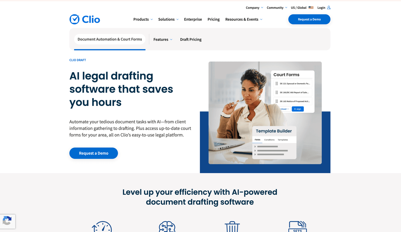 Clio Draft's AI legal drafting platform showing court forms and template builder features.
