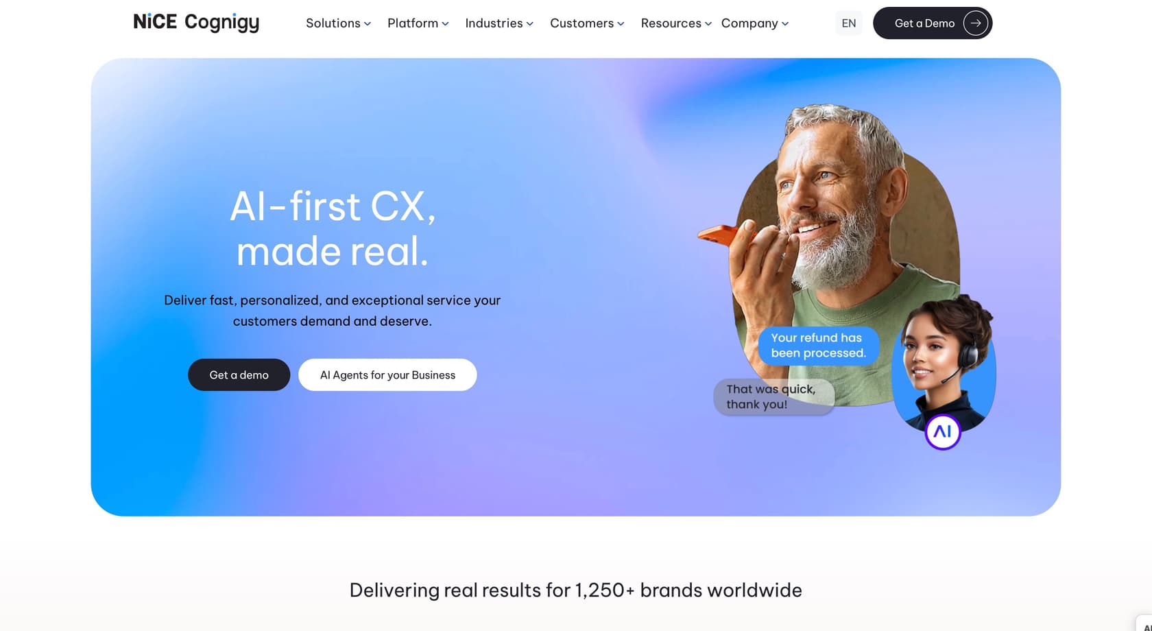 Cognigy platform homepage highlighting enterprise conversational AI for regulated industries.