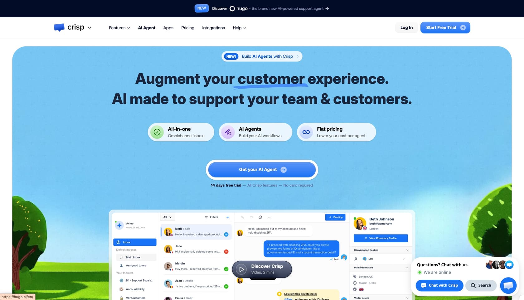 Crisp homepage showing AI-powered customer support platform