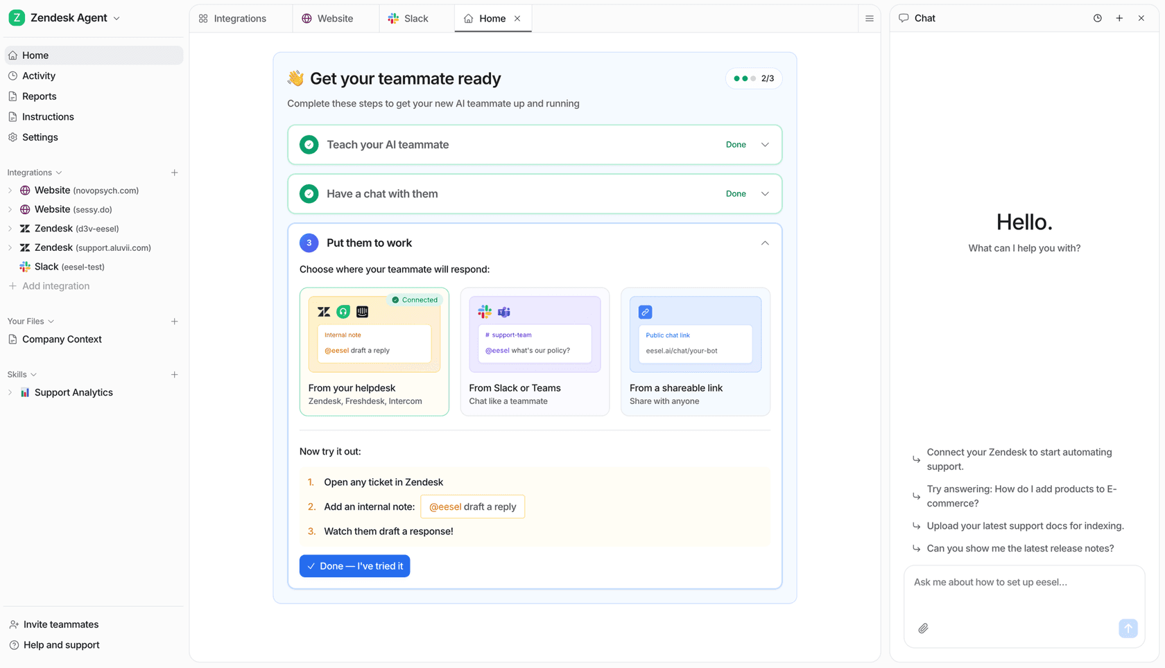 eesel AI Zendesk agent setup showing integrations and deployment options
