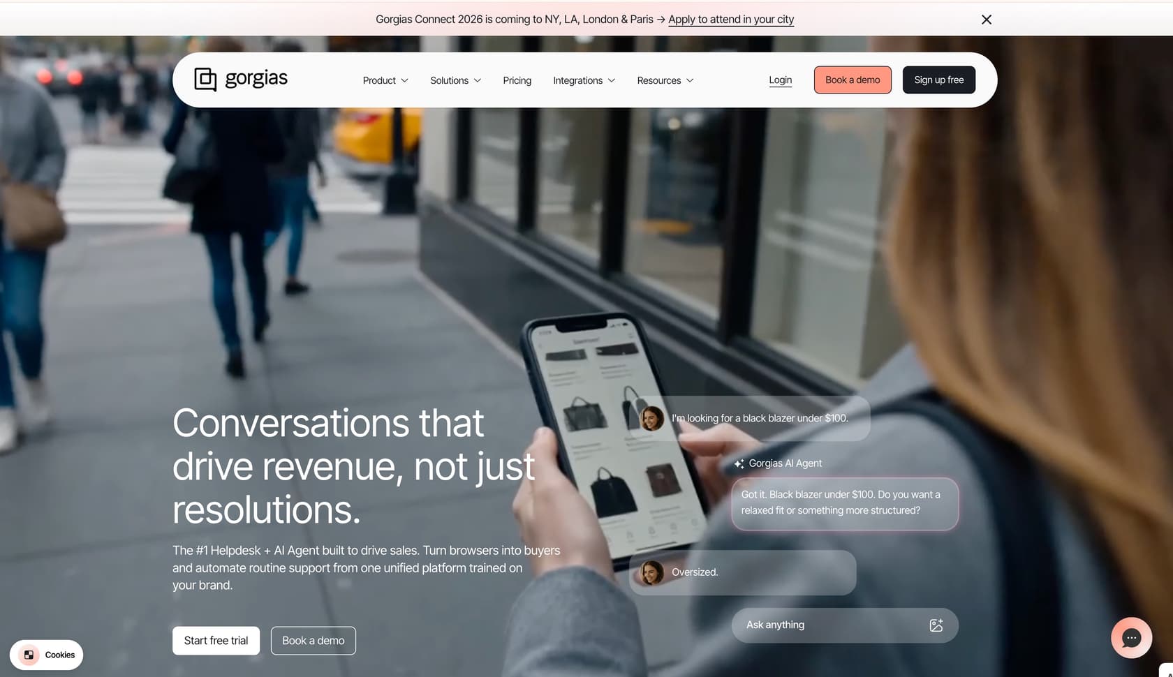 Gorgias platform homepage highlighting AI-powered customer support for e-commerce merchants.
