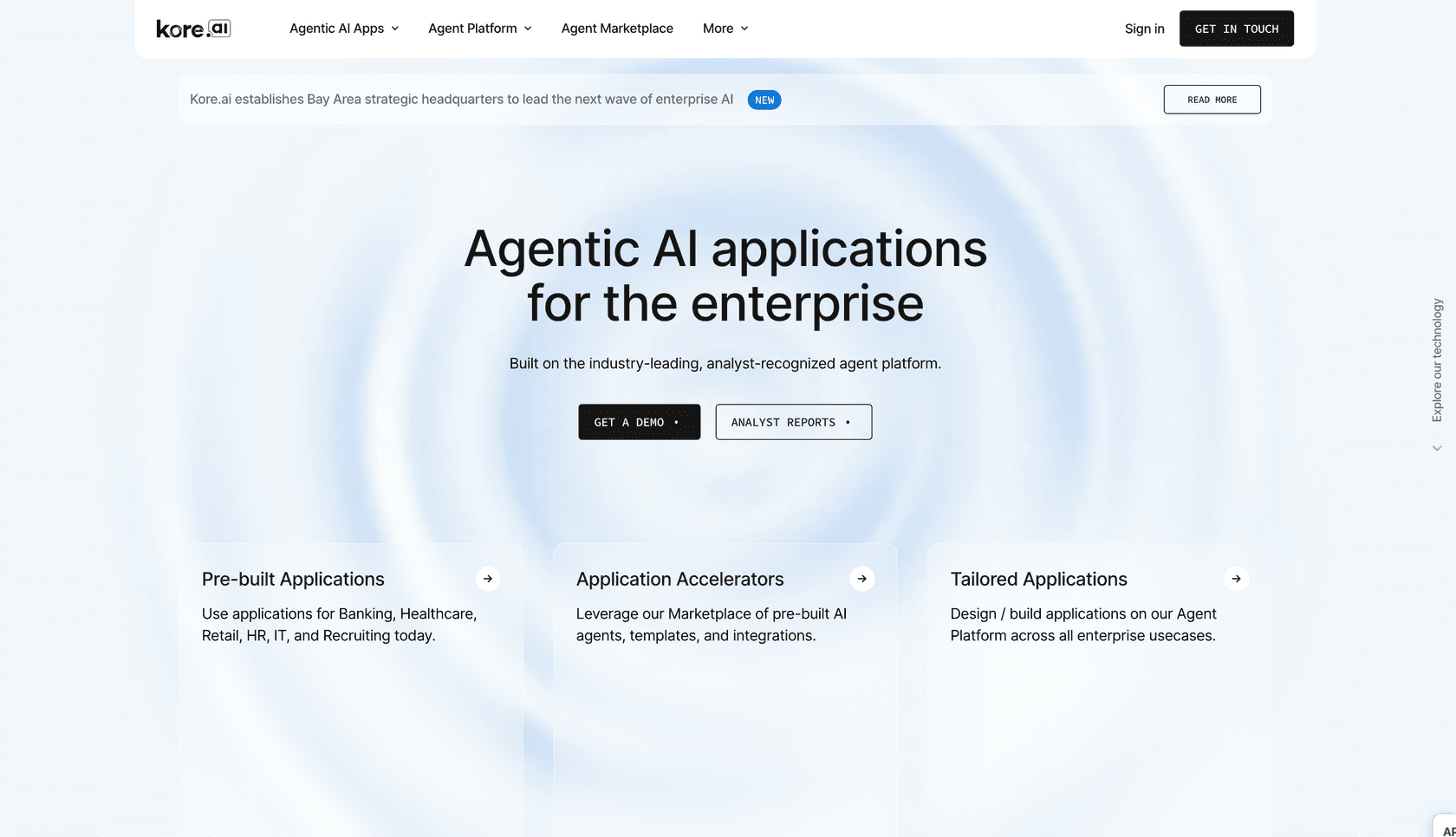 Kore.ai platform page showing enterprise AI agent capabilities for multi-channel support.