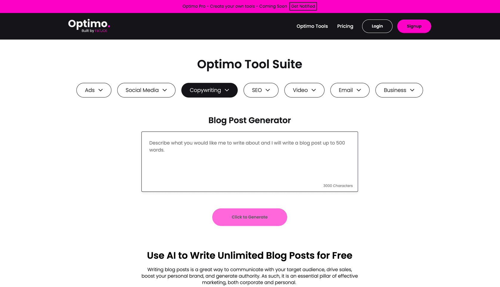 Ein Screenshot der Optimo-Landingpage.