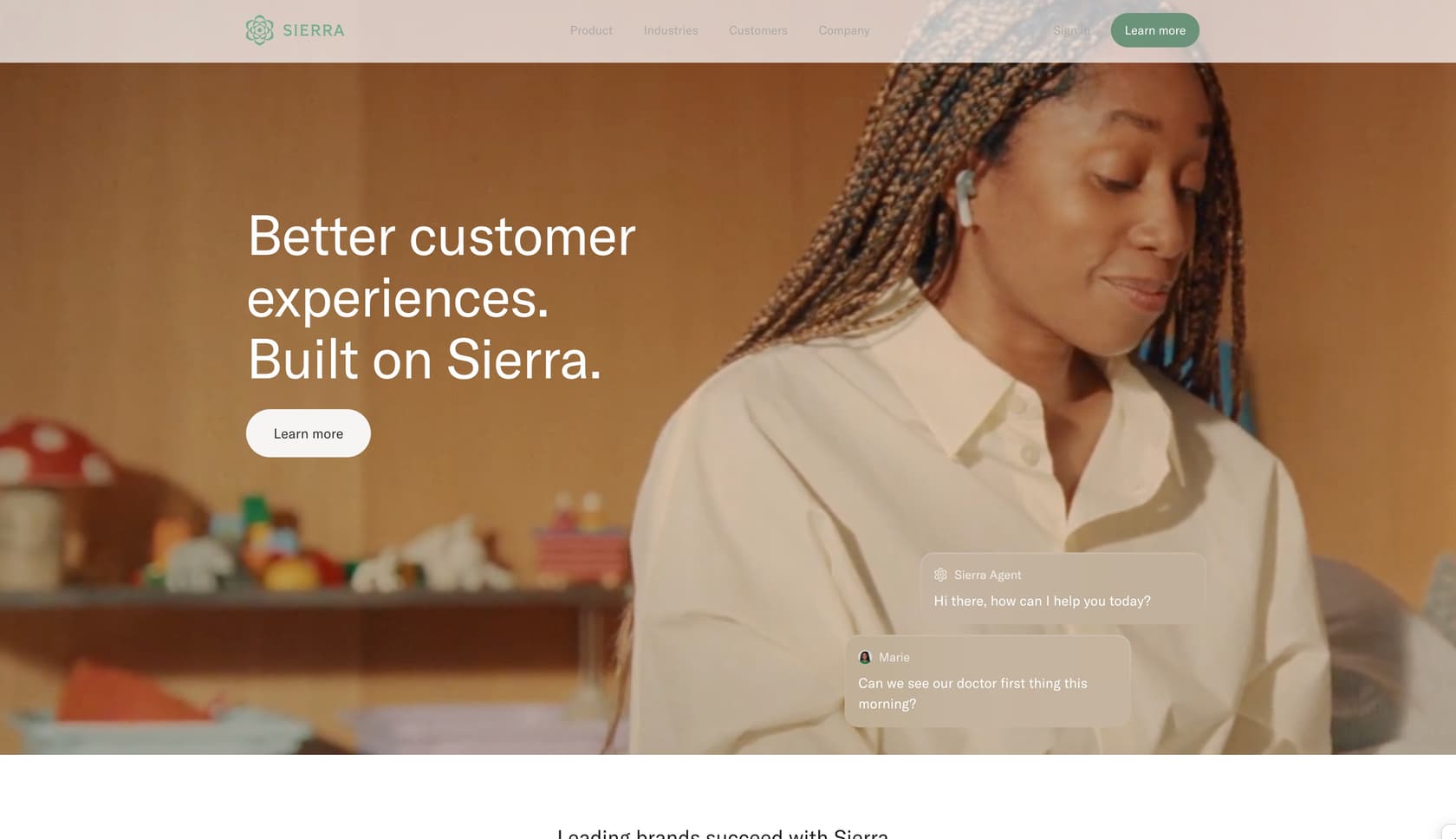 Sierra AI platform homepage showcasing enterprise customer experience agents.