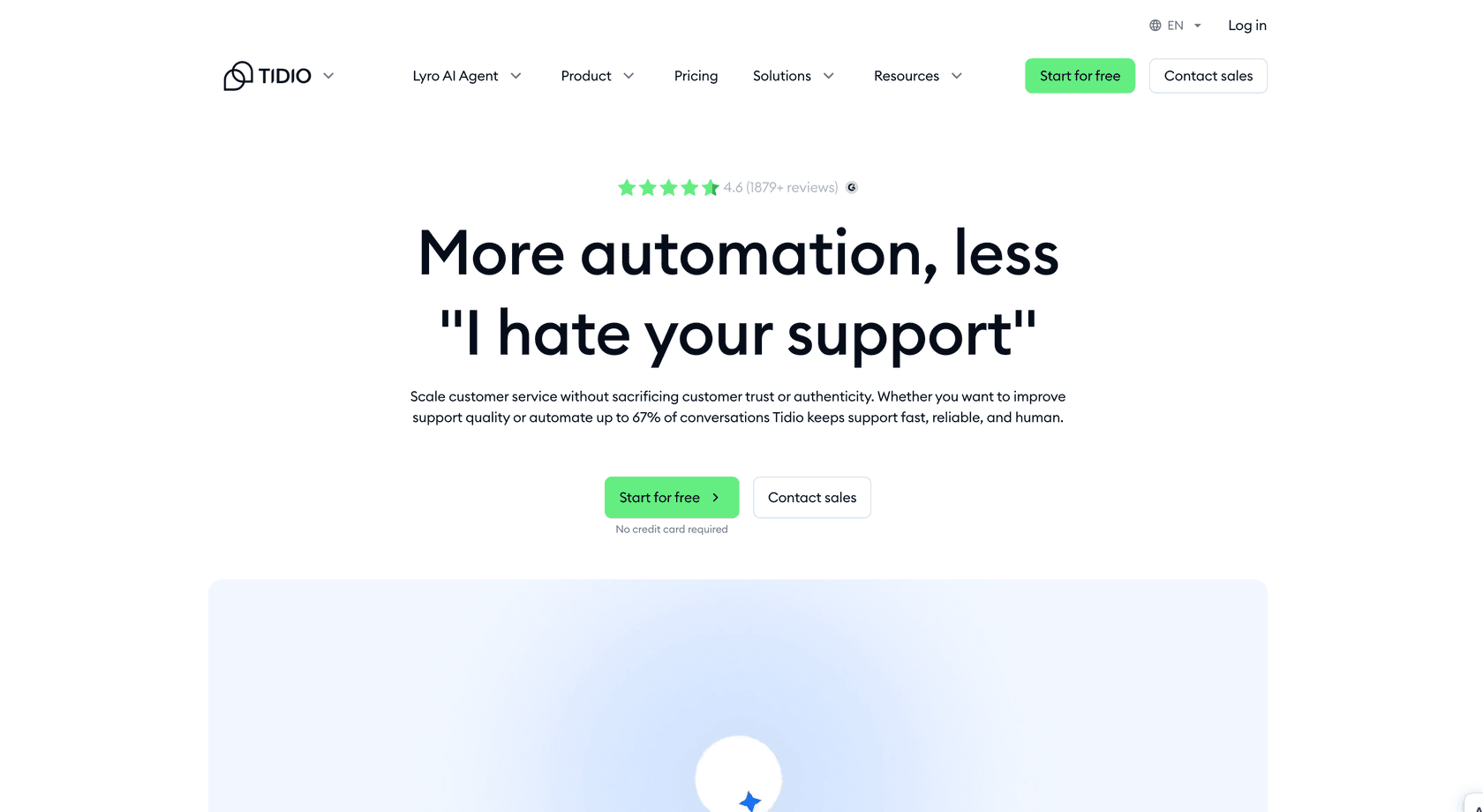 Tidio platform homepage showcasing Lyro AI chatbot for small business customer support.