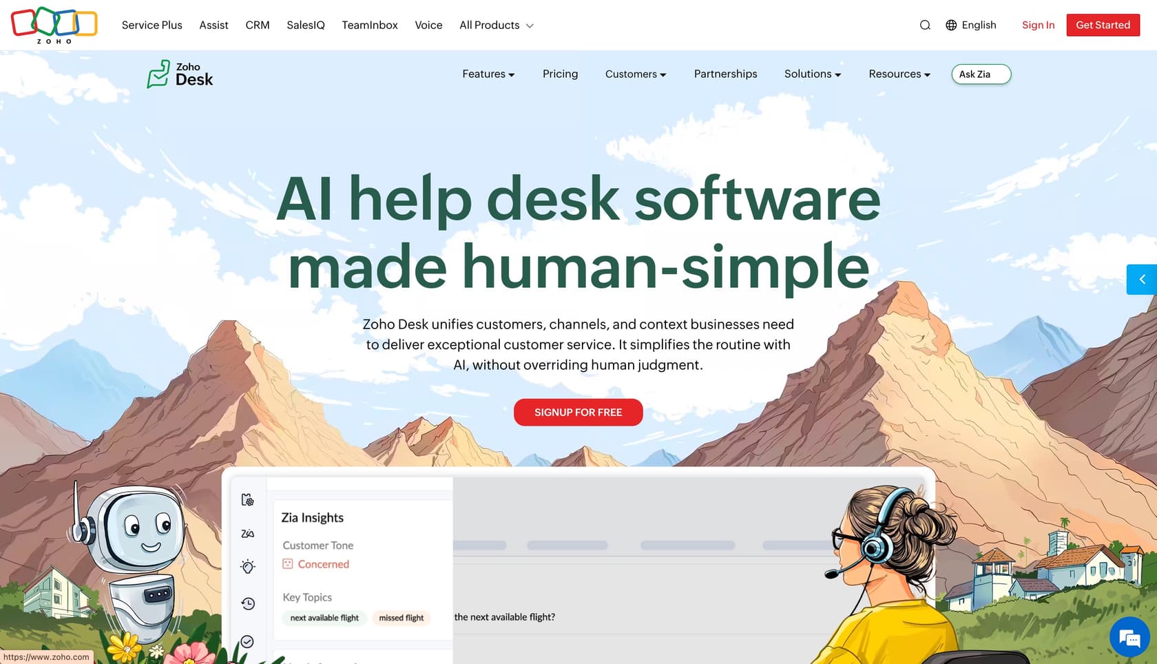 Una captura de pantalla de la página de inicio de Zoho Desk.