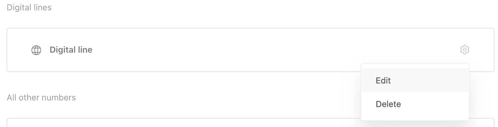 Digital line management interface showing options to edit or delete a configured digital line.
