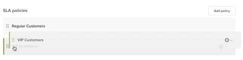 SLA policies interface showing drag-and-drop reordering of customer policies