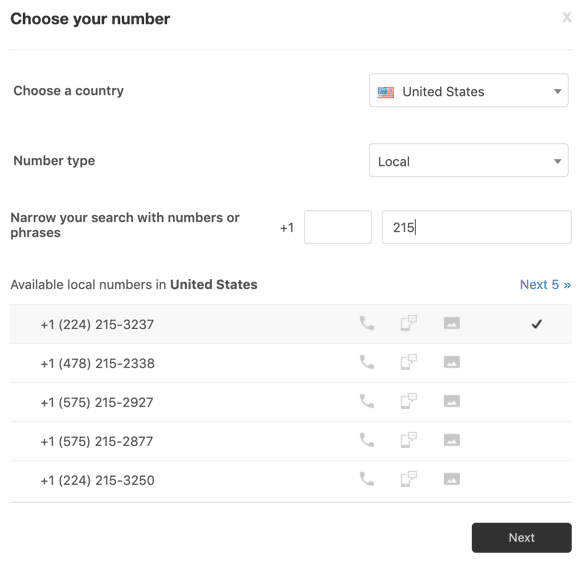An admin interface for phone line setup, allowing users to choose a country, number type, and select from available phone numbers.
