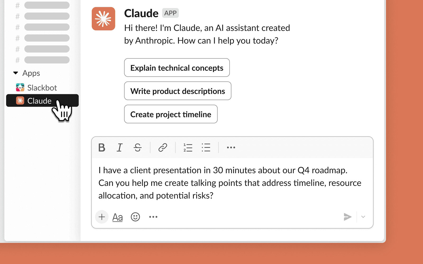 The Slack interface showing the Claude app in a chat conversation.