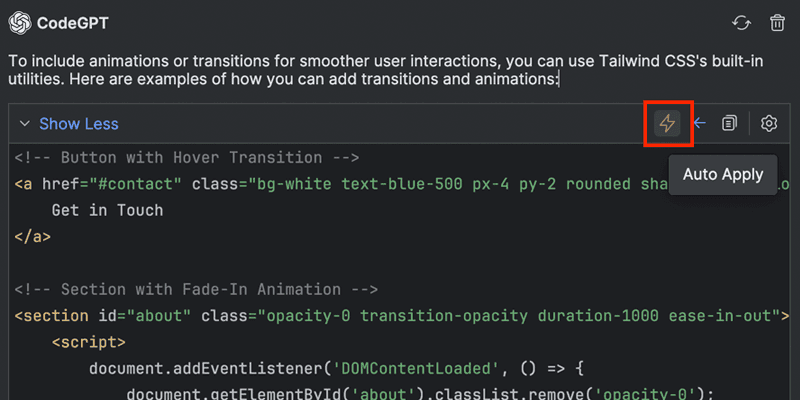 ProxyAI CodeGPT panel in a JetBrains IDE showing an Auto Apply control beside a generated code suggestion