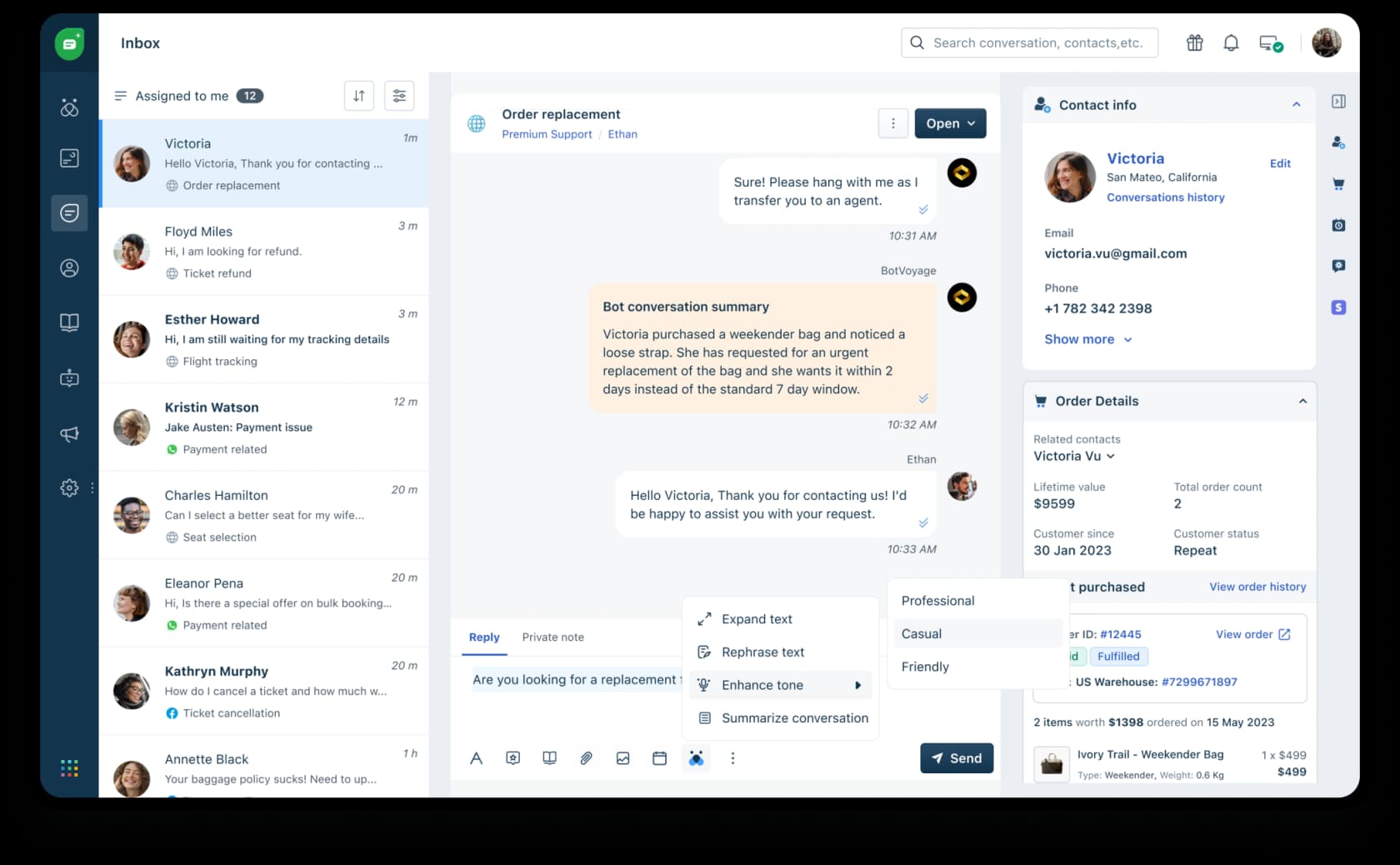 Freddy AI ticket assistance with conversation summaries and agent tools