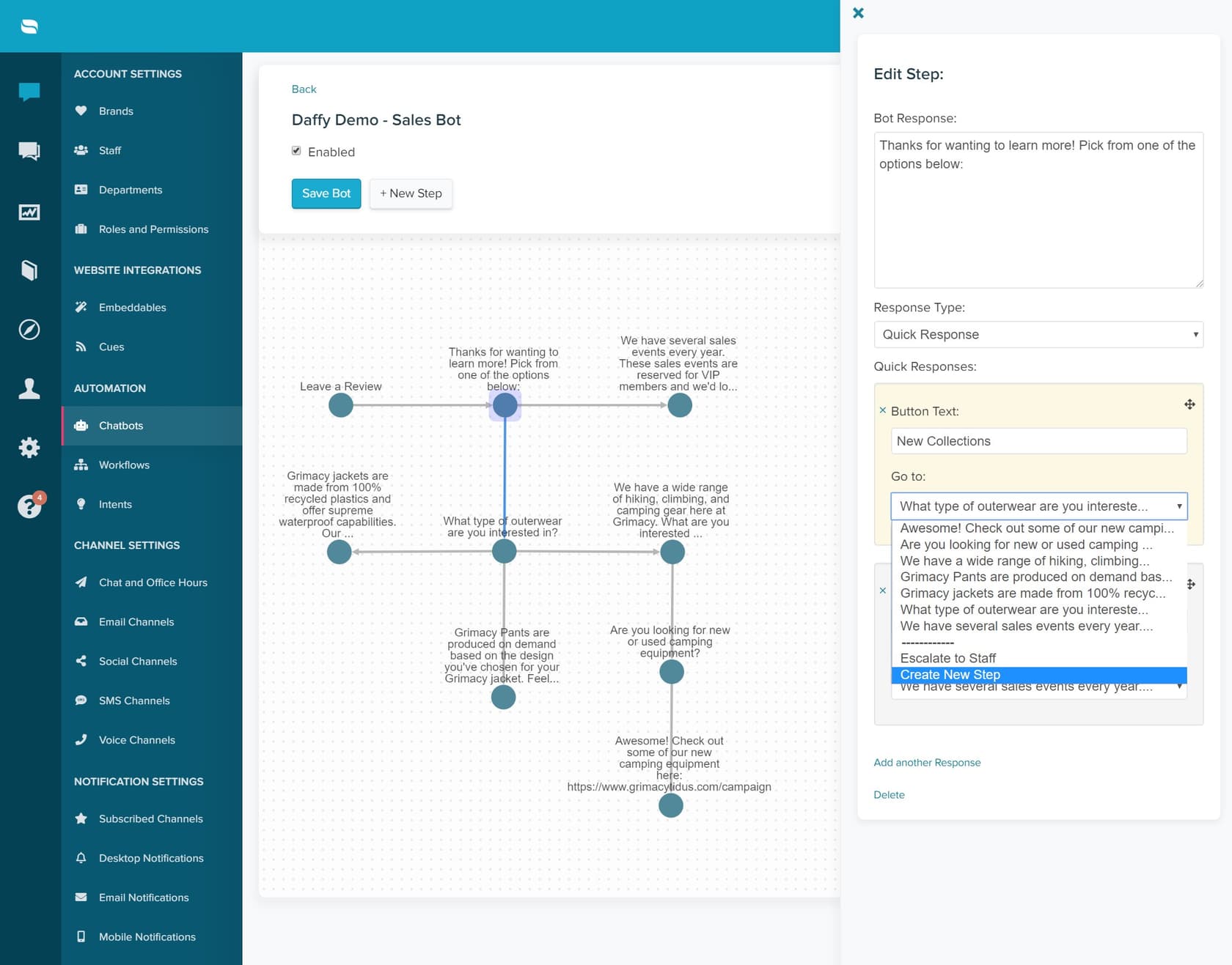 Interface de configuration du chatbot avec configuration du bouton de réponse rapide
