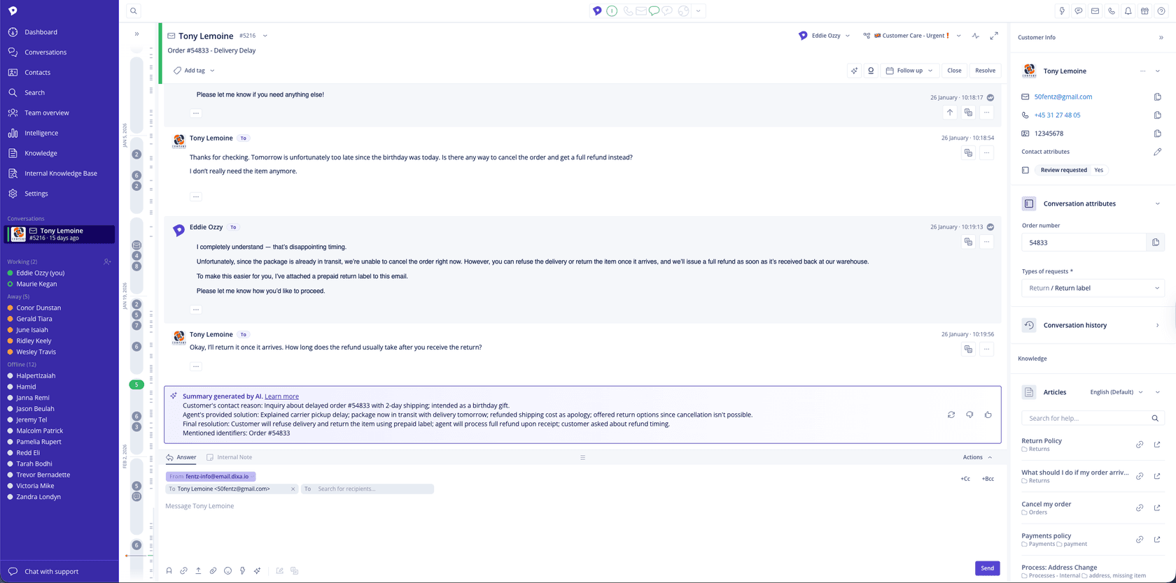 Dixa conversation workspace with an AI-generated summary and customer context.