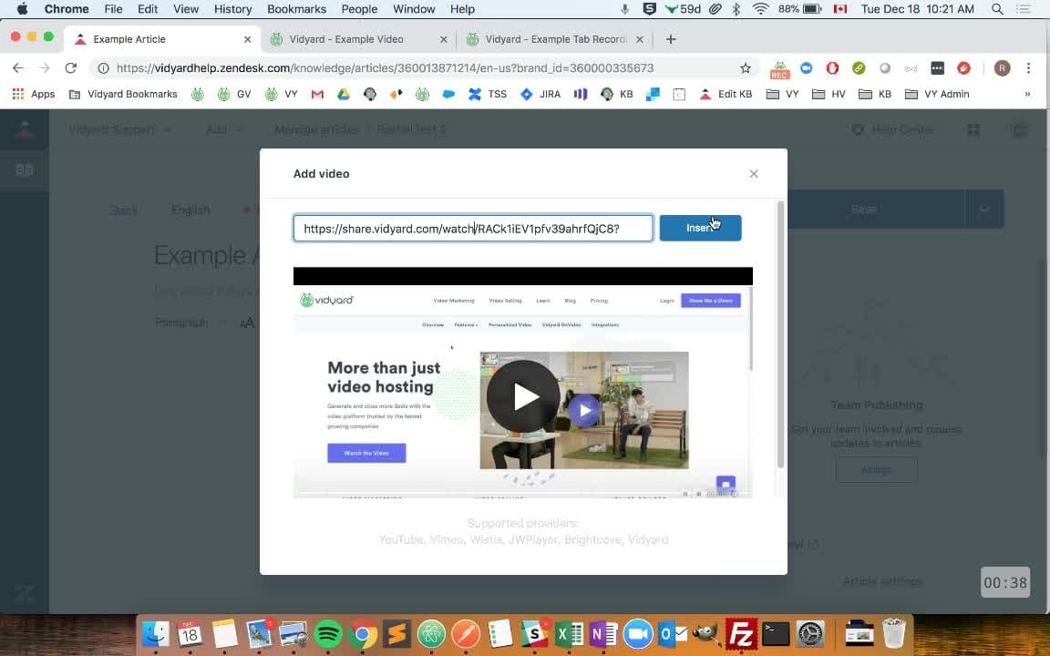 Vidyard's video embed dialog displaying the URL input field and a live preview of the video's landing page.