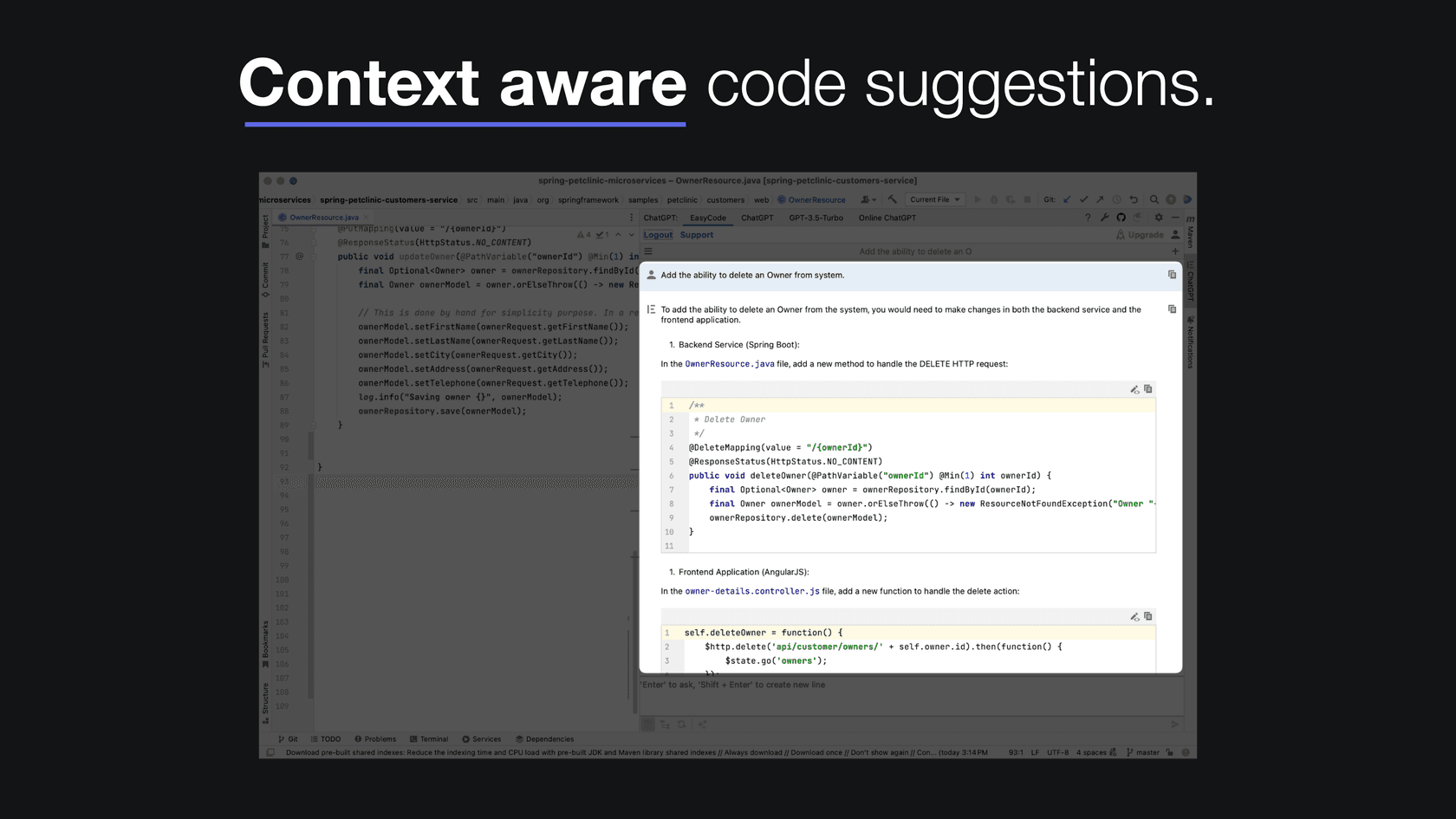 EasyCode in a JetBrains IDE showing a codebase question and a code suggestion panel
