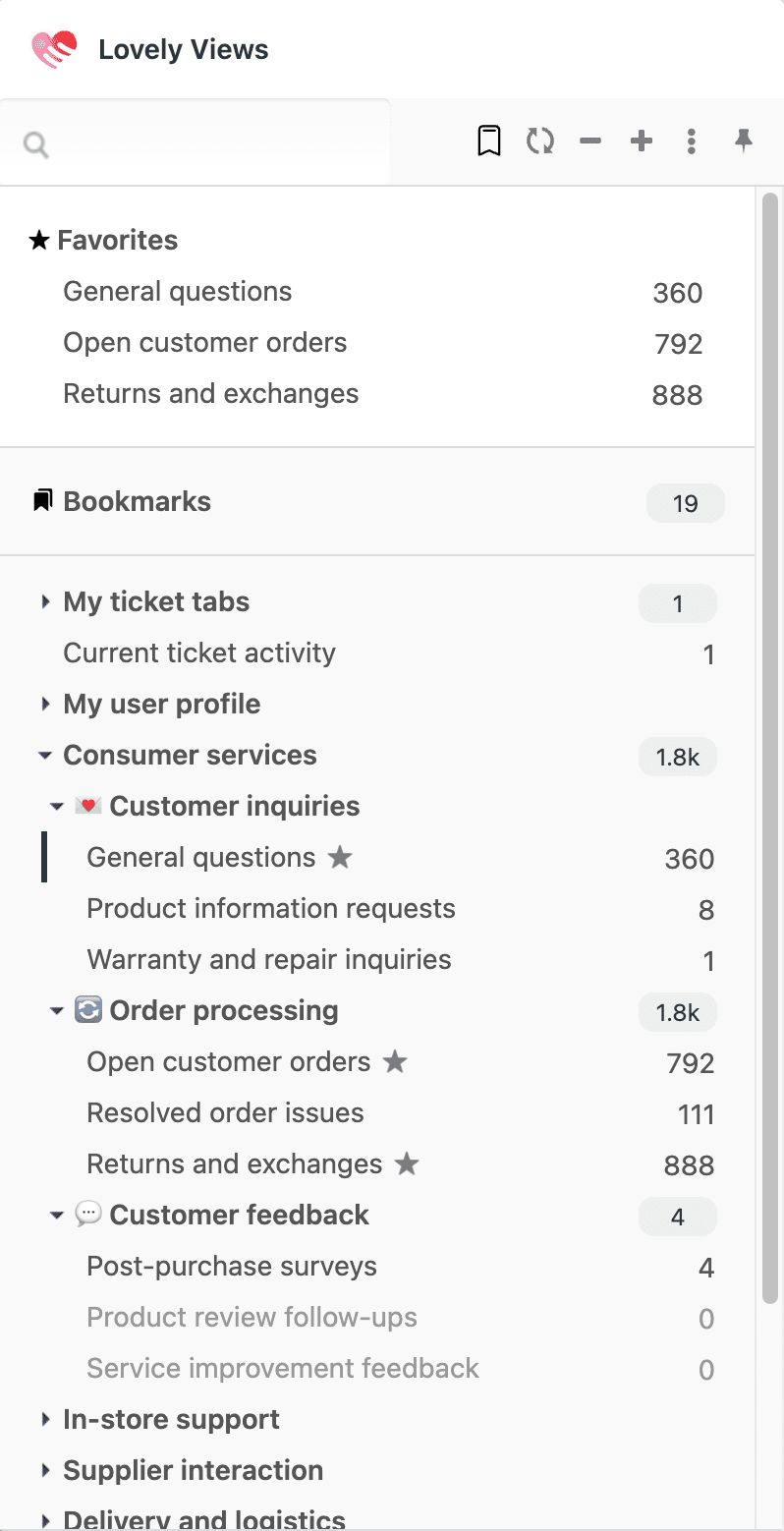 Interfaz de Lovely Views que muestra la organización jerárquica de carpetas para categorías de servicio al cliente, con una opción de actualización visible.