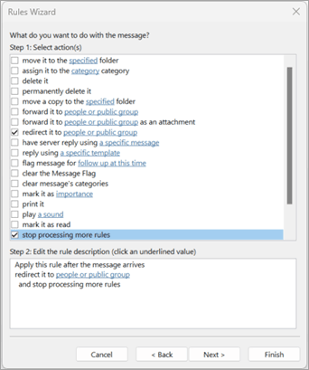Outlook Rules Wizard for configuring automatic message forwarding