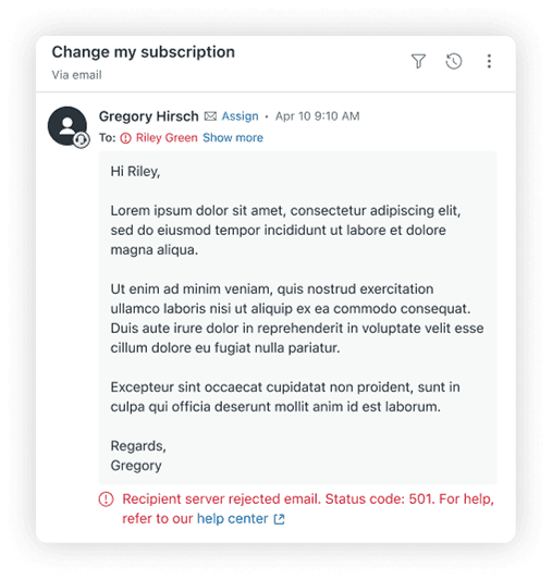 Zendesk Agent Workspace displaying an email ticket with a 'Recipient server rejected email' delivery status warning.