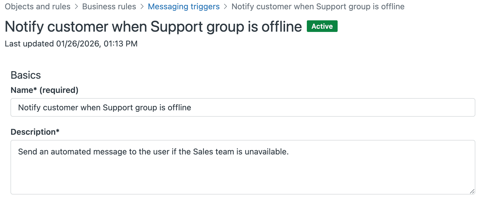 Pantalla de configuración del activador de mensajería que muestra el nombre y la descripción del mensaje automatizado offline