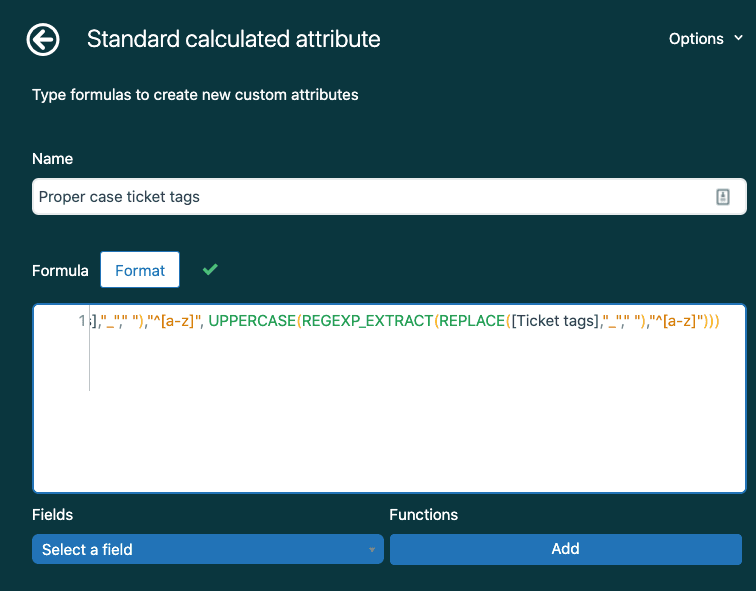 Standard calculated attribute editor with REGEXP formula for tag formatting