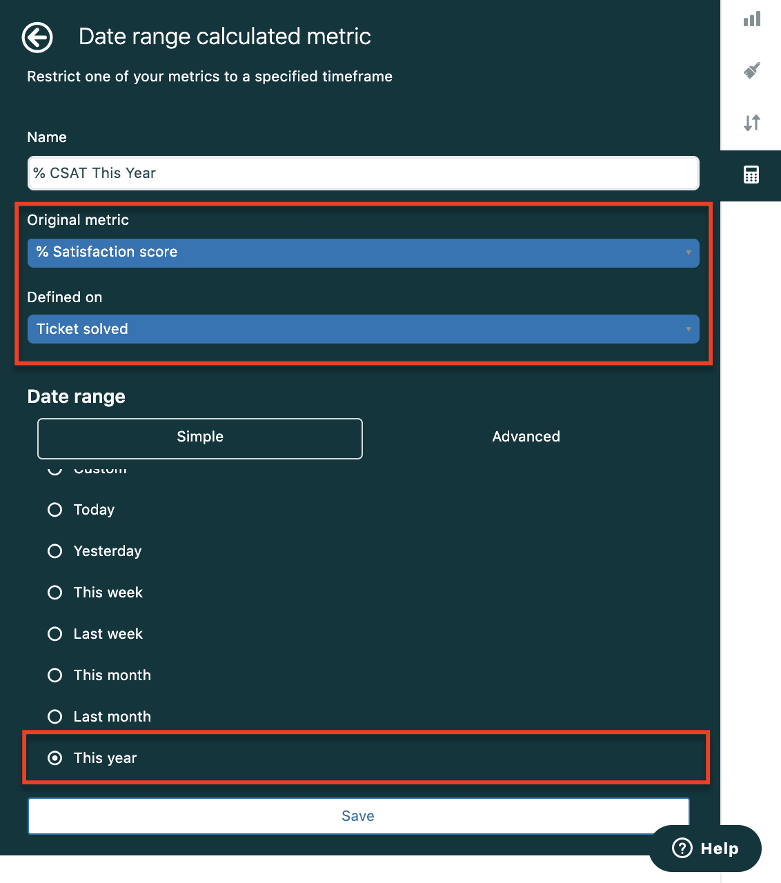 Configuração de métrica calculada de intervalo de datas no Zendesk Explore