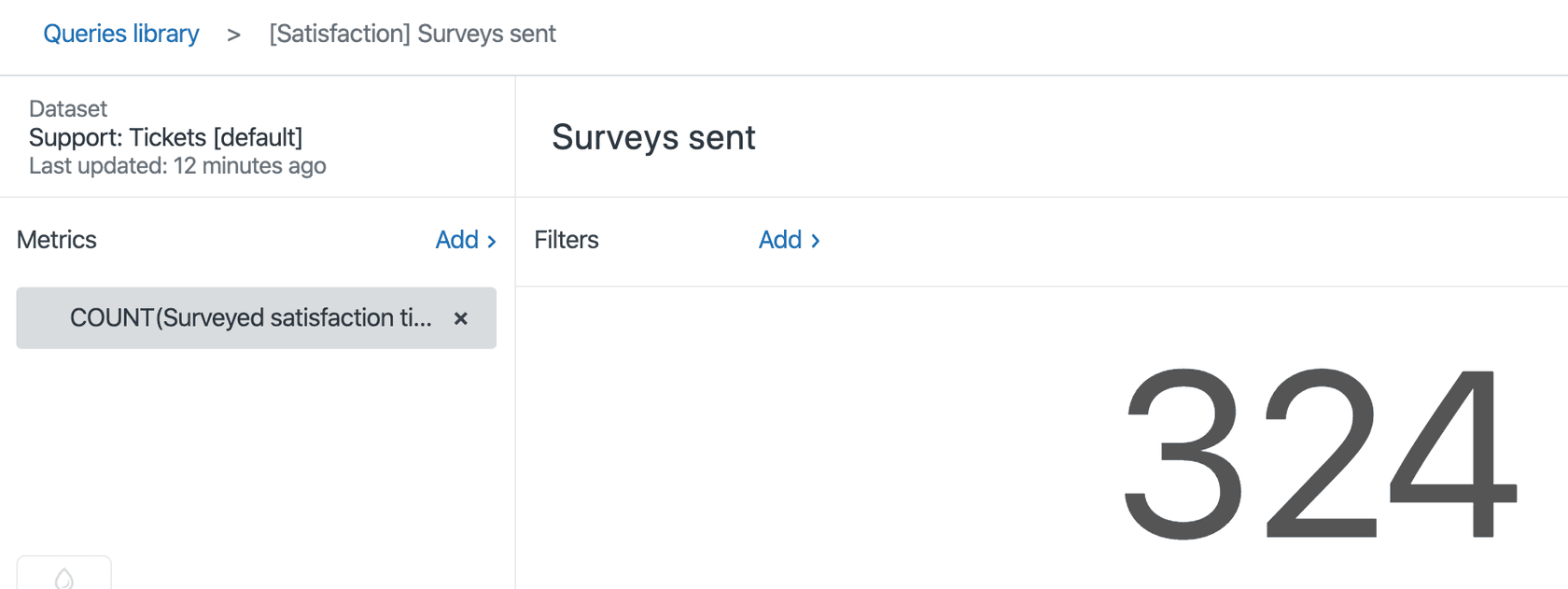 Reporting interface displaying survey count with dataset and metric configuration options