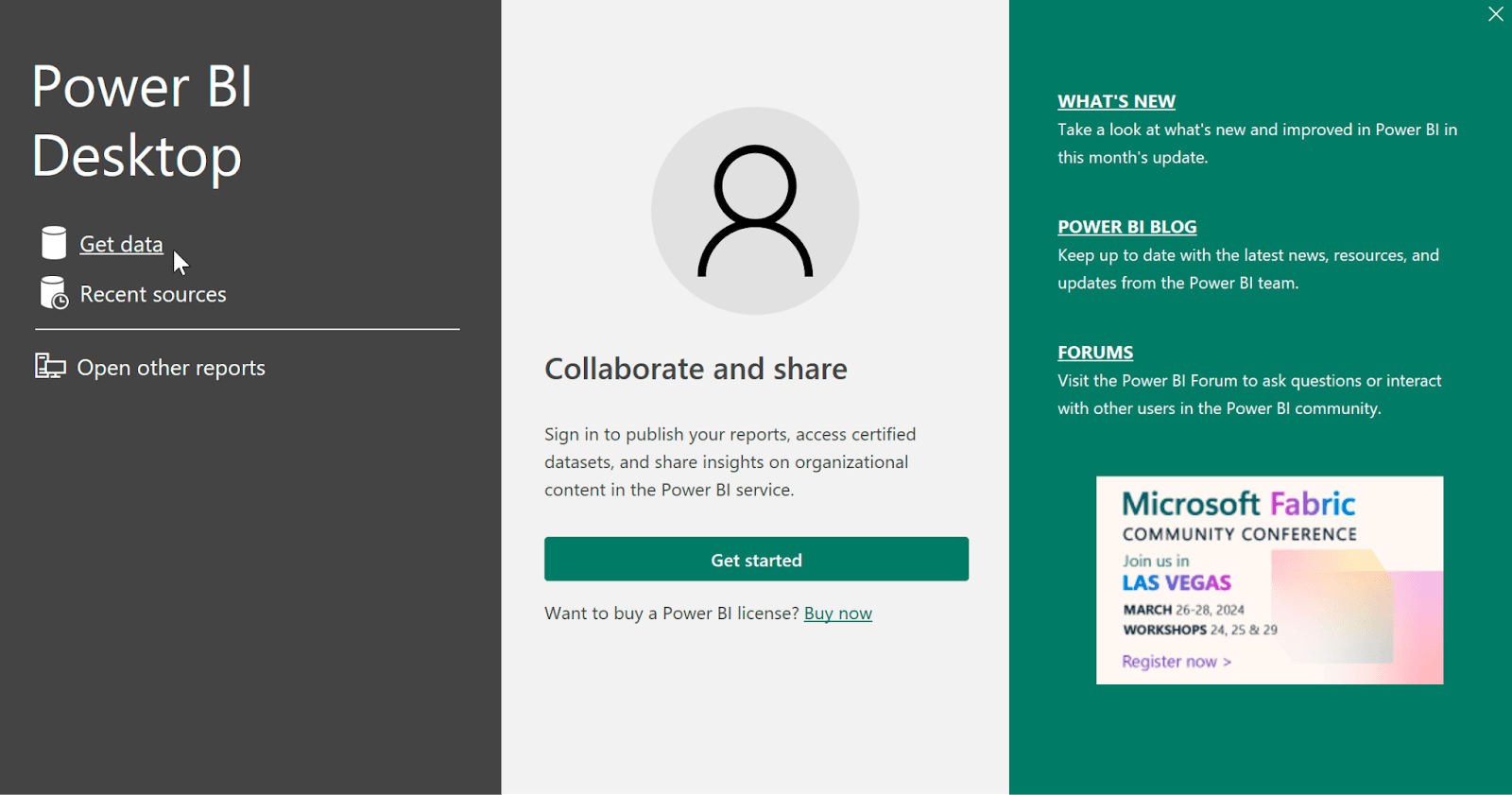 Power BI Desktop welcome screen with data connection options