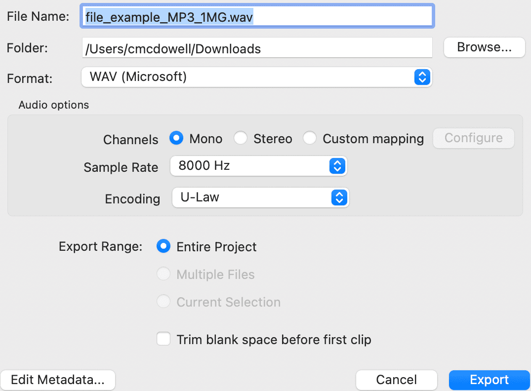 Boîte de dialogue d'exportation Audacity configurée pour le format WAV avec encodage U-Law à un taux d'échantillonnage de 8000 Hz