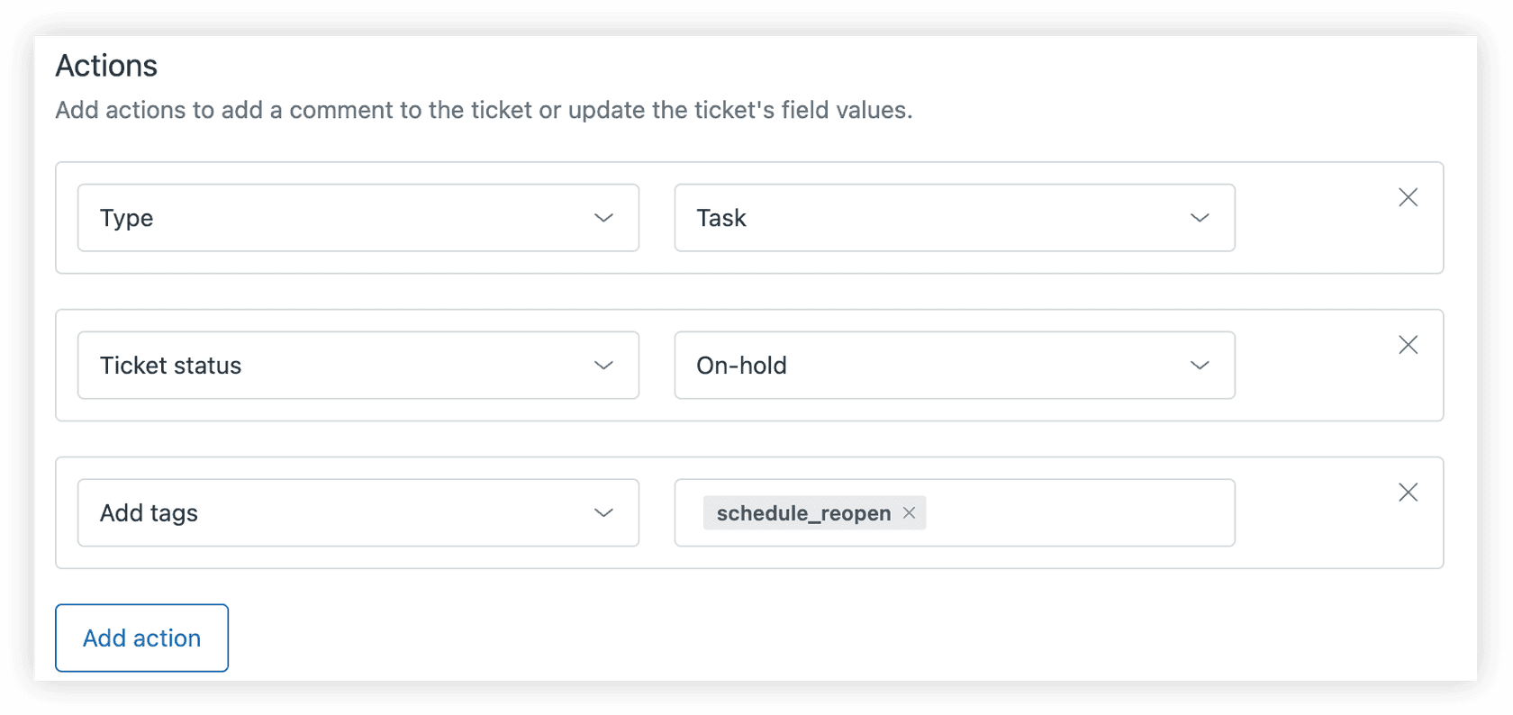 Zendesk macro configuration panel for scheduled ticket reopening