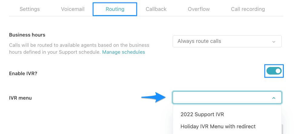 Phone number routing settings with IVR enablement toggle and menu selection