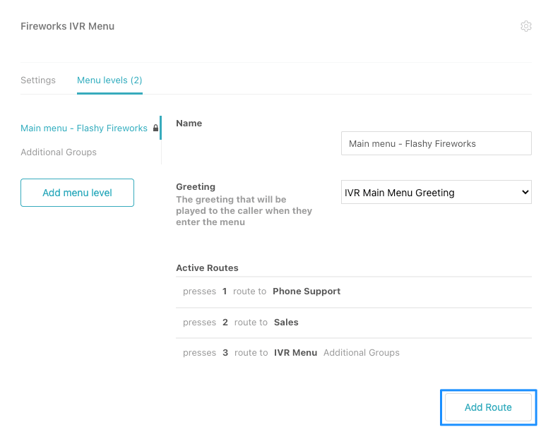 Zendesk Talk IVR menu configuration showing menu levels and active routes