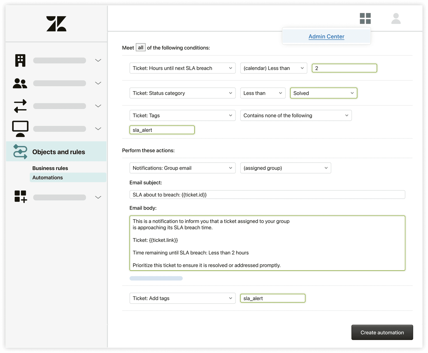 Zendesk's automation configuration interface, demonstrating how to set up an email notification for an approaching SLA breach.