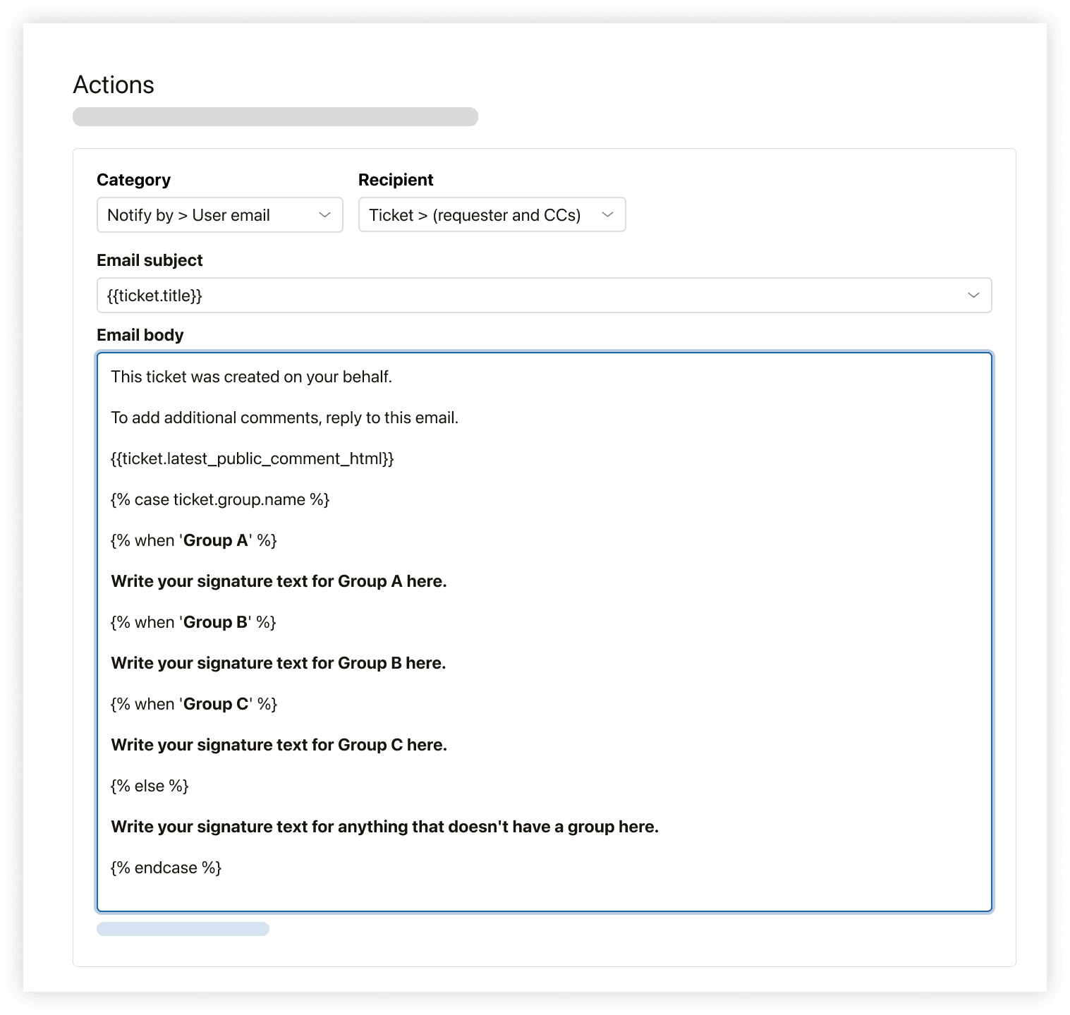 Email action configuration with conditional signature options