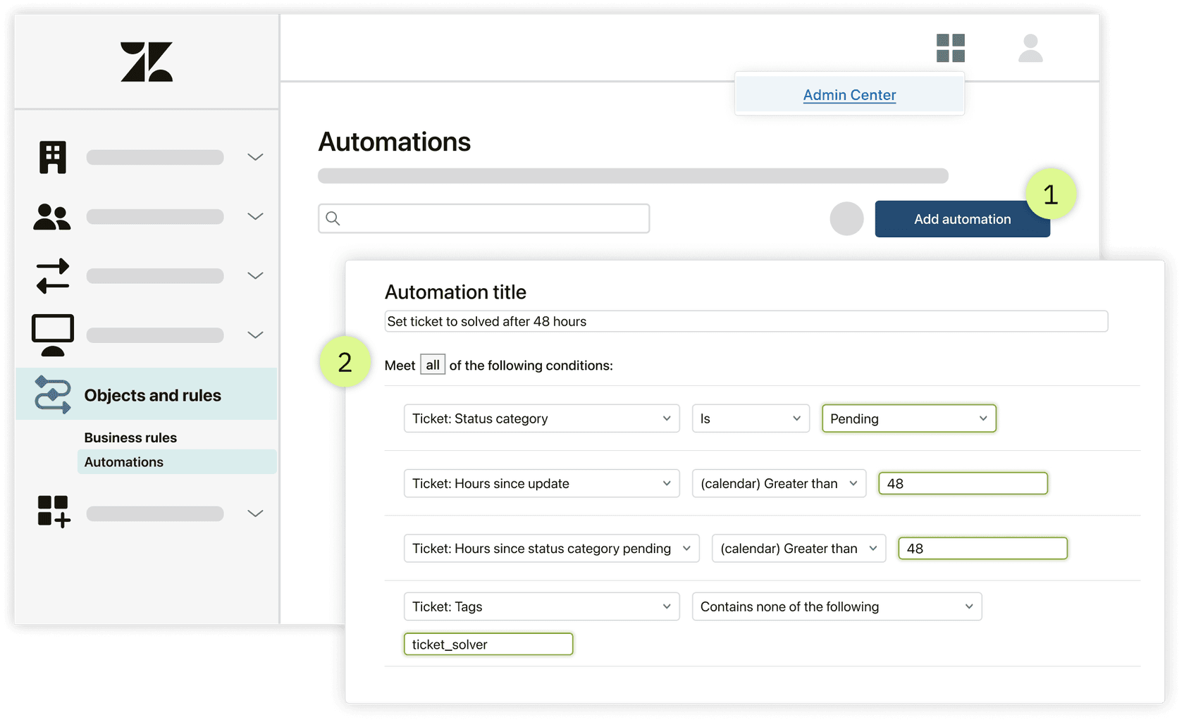Zendesk automation showing status change to solved configuration