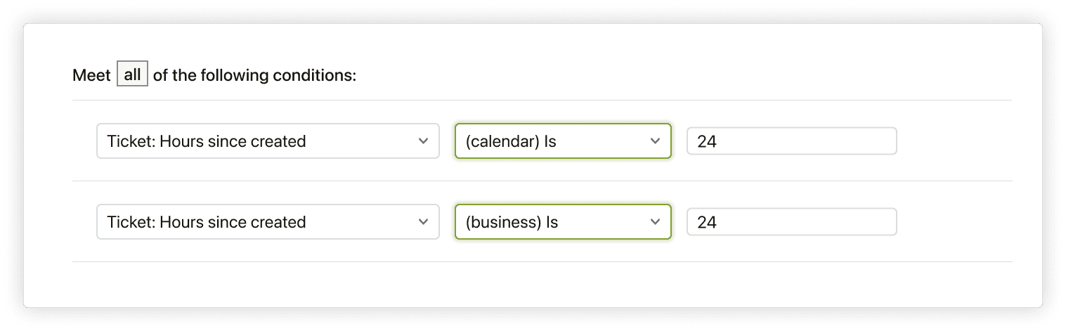Construtor de condições do Zendesk mostrando a diferença entre horas de calendário e horário comercial